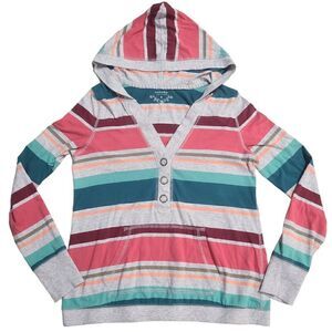 Striped Pink Gray & Blue Hoodie Shirt Women's Medium